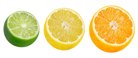 Collection of lemon, lime and orange slices on isolated white background. citrus fruits