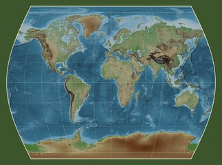 World map. Colored elevation. Times projection. Meridian: 0