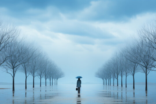 Feelings of depression, sadness, loneliness, melancholy. Blue Monday. Surreal word, nature, rows of leafless trees and lonely alone woman with umbrella in the center