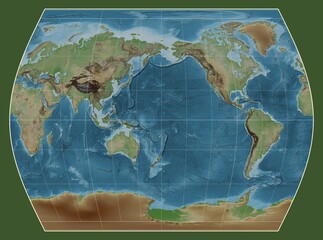 World map. Colored elevation. Times projection. Meridian: 180