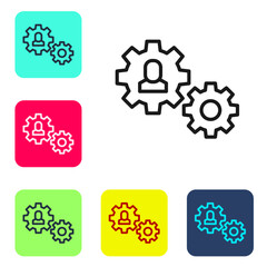 Black line Human with gear icon isolated on white background. Artificial intelligence. Thinking brain sign. Symbol work of brain. Set icons in color square buttons. Vector