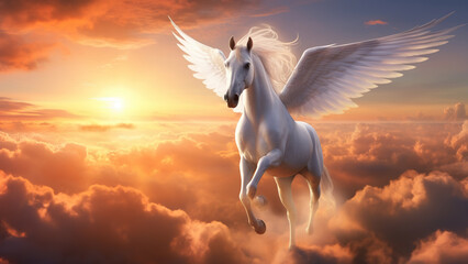 Naklejka na ściany i meble Illustration of a horse with wings flying above the clouds on a sunset background. 