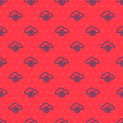 Blue line Cloud computing lock icon isolated seamless pattern on red background. Security, safety, protection concept. Protection of personal data. Vector