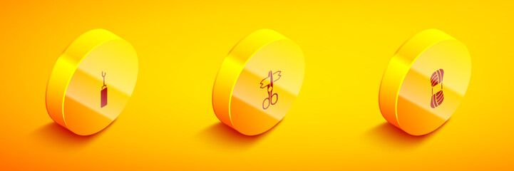 Set Isometric Awl tool, Scissors and Yarn icon. Vector