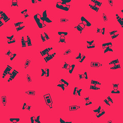 Set Bottle of vodka, Whale tail, Binoculars and Viking head on seamless pattern. Vector