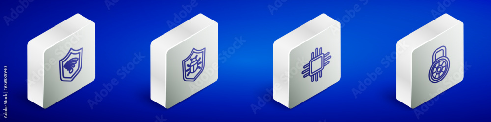 Poster set isometric line shield with wifi wireless, system bug, processor microcircuits cpu and safe combi