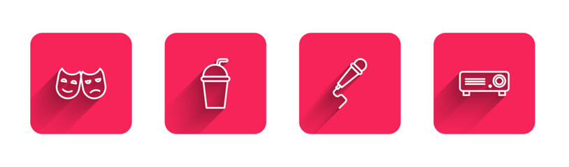 Set line Comedy and tragedy masks, Paper glass with straw, Microphone and Movie, film, media projector with long shadow. Red square button. Vector