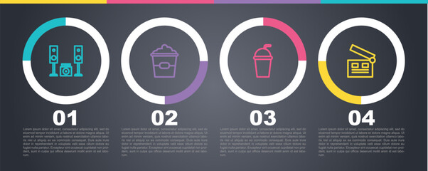 Set line Home stereo with two speakers, Popcorn in box, Paper glass straw and Movie clapper. Business infographic template. Vector