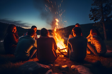 Friends sitting around a bonfire