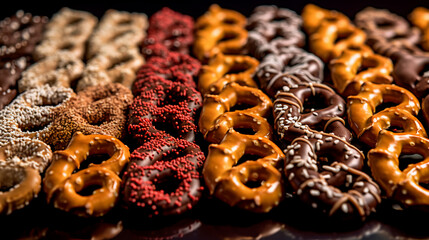 A delightful assortment of chocolate-dipped pretzels, showcasing a mix of sweet and salty flavors in every crunchy bite. - obrazy, fototapety, plakaty