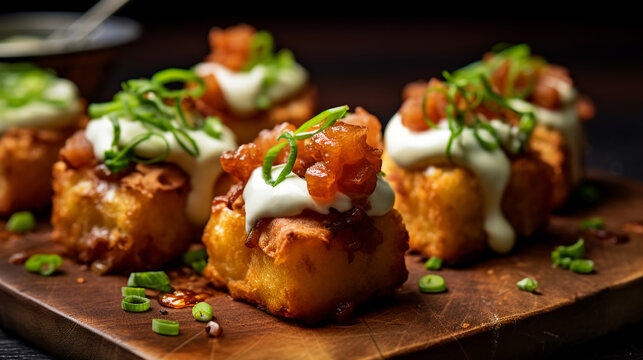 Irresistible cheesy bacon-loaded tater tots with sour cream and green onions