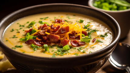 Savory and cheesy loaded potato soup topped with crispy bacon bits
