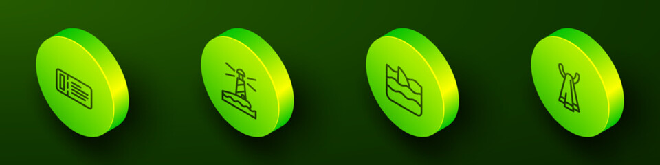Set Isometric line Cruise ticket, Lighthouse, Shark fin in ocean wave and Towel on hanger icon. Vector
