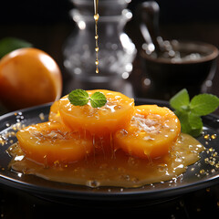 highlighting the very fresh pomegranate dripping with honey with mint leaves, generative ai