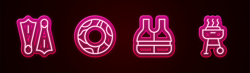 Set line Rubber flippers for swimming, ring, Life jacket and Barbecue grill. Glowing neon icon. Vector © Kostiantyn