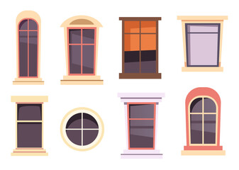Window frame home balcony front view isolated on white background set. Vector graphic design element illustration
