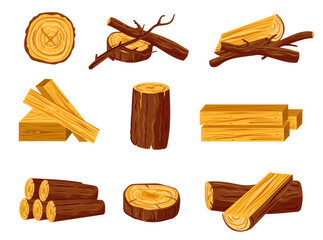 Wood forest log pile tree trunk timber lumber isolated on white background set. Vector graphic design element illustration