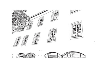 Building view with landmark of Regensburg is a city in eastern Bavaria. Hand drawn sketch illustration in vector.