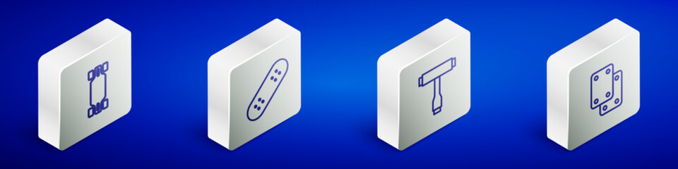 Set Isometric line Longboard or skateboard, Skateboard, T tool and Knee pads icon. Vector