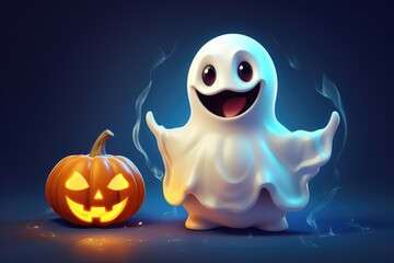 Fototapeta premium Cute spooky halloween ghost character with pumpkin. Halloween greeting card idea