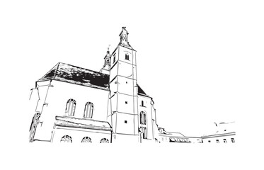 Building view with landmark of Regensburg is a city in eastern Bavaria. Hand drawn sketch illustration in vector.
