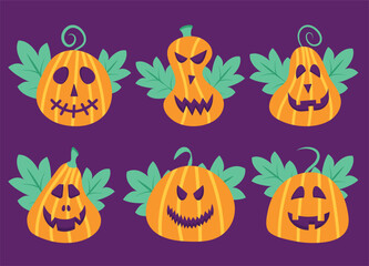 Set of halloween pumpkins. Flat vector illustration
