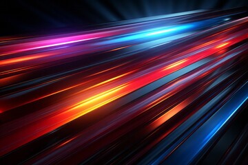 Abstract motion and trace of neon colorful light, lasers visual, dynamic lines of luminescent colliding color. Bold eye-catching yellow, orange, blue, purple, pink energy movement on dark background.