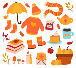 Autumn elements. Cozy sweater, hat, scarf and socks, umbrella. Basket pumpkins, books, candles. Rubber boots. Pumpkin pie. Teapot and berry jam. Flat vector set