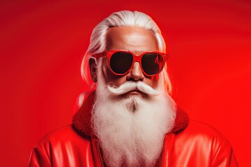 Hipster cool santa claus in sun glasses over bright red background