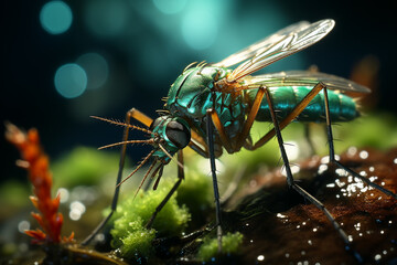 Close up of a long-legged fly. Green background. generative ai. - obrazy, fototapety, plakaty