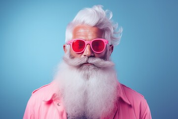 Happy smiling hipster santa claus in sun glasses over pastel background