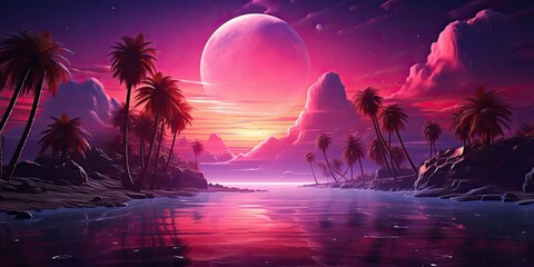 Obraz premium AI Generated. AI Generative. Vintage tetro syntwave retrowave vaporwave nature outdoor landscape decoration background. Graphic Art