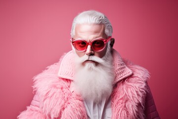Hipster santa claus in sun glasses over pink pastel background