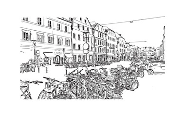 Building view with landmark of Regensburg is a city in eastern Bavaria. Hand drawn sketch illustration in vector.