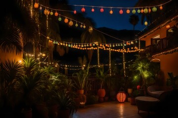 A very lush balcony with vegetation, yuccas, and small palm trees, fruit plants, a haven of peace illuminated by colorful garlands and lanterns at night - AI Generative