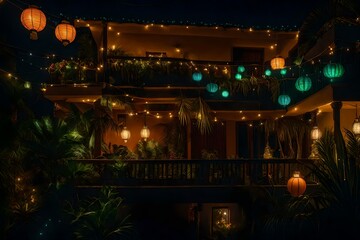 A very lush balcony with vegetation, yuccas, and small palm trees, fruit plants, a haven of peace illuminated by colorful garlands and lanterns at night - AI Generative