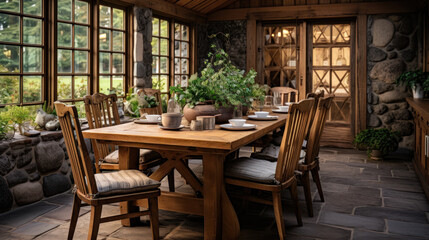 Obraz premium Dining room with rustic décor, a combination of modern and rustic style, generative ai