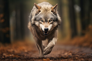 Naklejka na ściany i meble wolf photo running towards the camera