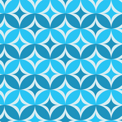 Mid century modern atomic starbursts on blue circles seamless pattern. For home décor, wallpaper and textile	
