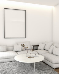 mockup poster picture frame interior decoration blank white wall in living room modern style interior design. 3D render