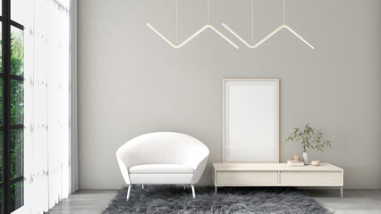 Mockup a poster picture frame in Interior living room design, modern minimalist style. An armchair, lamp, white wall. 3D render