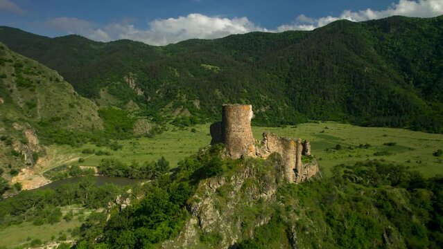 An old fortress in a mountain gorge. Drone video of architectural sights of Georgia