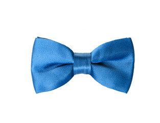 Elegant blue satin bow tie isolated on white background.