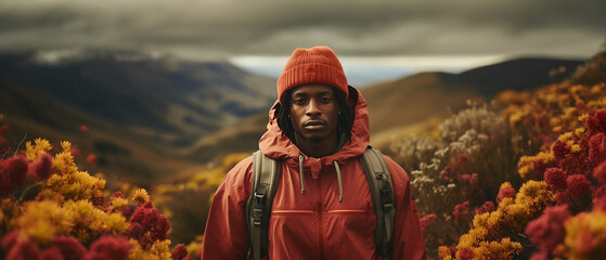 editorial shot of black male model in hiking gear in an alpine landscape