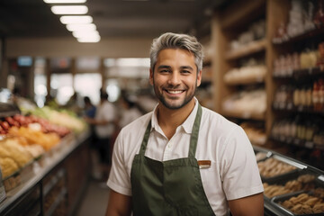 Naklejka premium A 30 years old man store worker smiles. White short hairs. Retail store, grocery, bakery, pharmacy. Image created using artificial intelligence.