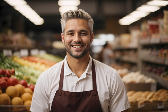 A 30 years old man store worker smiles. White short hairs. Retail store, grocery, bakery, pharmacy. Image created using artificial intelligence.