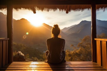 Woman sitting on the terrace with the view to the sunset in mountains. Meditation, mental health, holistic lifestyle, self care idea