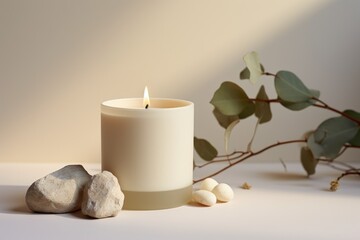 Aroma candle on beige background. Warm aesthetic composition with stones. Cozy home comfort, relaxation and wellness concept. Interior decoration mockup