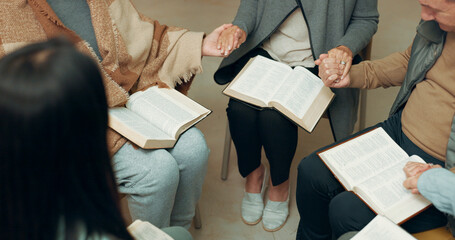 Praying, closeup and holding hands with people in bible study for support, Christian and spiritual....