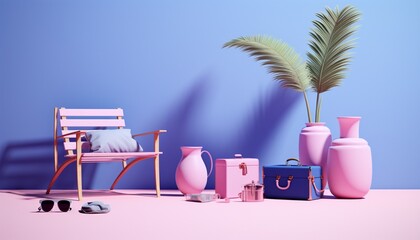 3D A room with pink object for summer vacation sun glasses, travel bag, vase, suitcase, chair on pink and blue background 